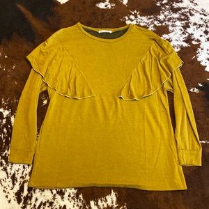 Side ruffle long sleeve blouse, size L, gold/green